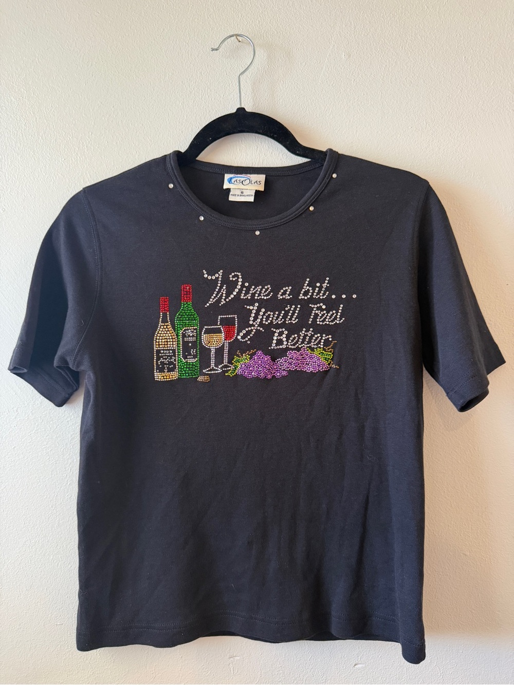 Black Rhinestone 'Wine a Bit… You’ll Feel Better' y2k Graphic Tee